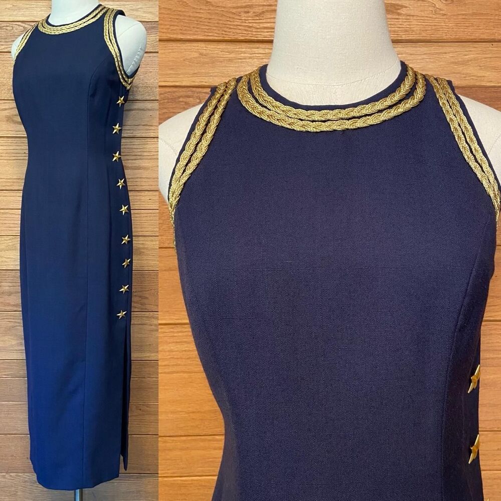 Vintage 90s Nipon Boutique navy gold rope star nautical embroidered midi dress